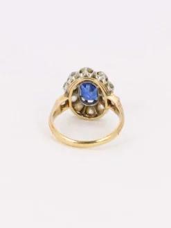 Bague marguerite ancienne or rose saphir coussin diamants
