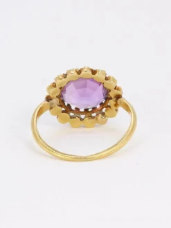 Bague marguerite ancienne or jaune amethyste perles fines