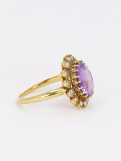 Bague marguerite ancienne or jaune amethyste perles fines