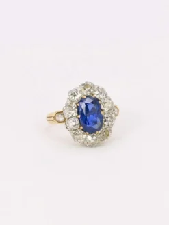 Bague marguerite ancienne or rose saphir coussin diamants