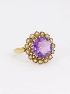 Bague marguerite ancienne or jaune amethyste perles fines