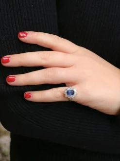 Bague marguerite ancienne or rose saphir coussin diamants