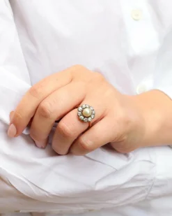 Bague marguerite diamants, perle fine