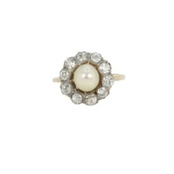 Bague marguerite diamants, perle fine