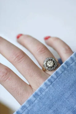 Bague marguerite or, argent, diamants