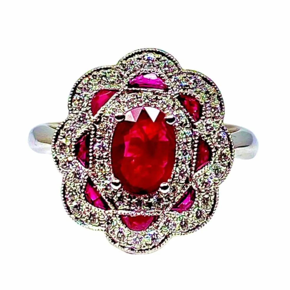 Bague marguerite Or blanc Rubis et Diamants
