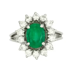 Bague marguerite or blanc, émeraude et diamants