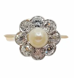 Bague marguerite or jaune et platine, perle et diamants (circa 1900)