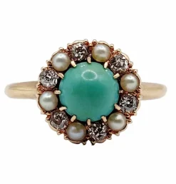 Bague marguerite or jaune, cabochon de turquoise, diamants et perles (circa 1900)