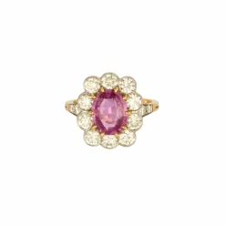 Bague marguerite or jaune et platine, diamants et saphirs rose
