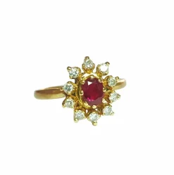 Bague marguerite or jaune, rubis et diamants