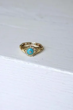 Bague Marguerite pâte de verre turquoise et diamants