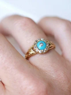 Bague Marguerite pâte de verre turquoise et diamants