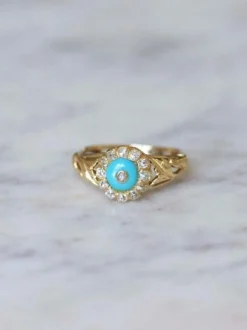Bague Marguerite pâte de verre turquoise et diamants
