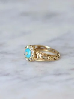 Bague Marguerite pâte de verre turquoise et diamants