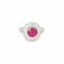 Bague marguerite rubis birman 2 Carats diamants platine or blanc (Certificat)