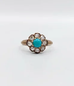 Bague marguerite victorienne or jaune 18k cabochon de turquoise et diamants taille roses (circa 1900) antique