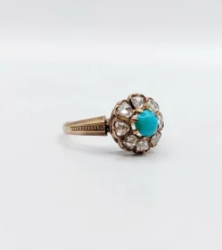 Bague marguerite victorienne or jaune 18k cabochon de turquoise et diamants taille roses (circa 1900) antique