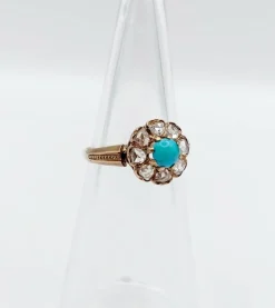 Bague marguerite victorienne or jaune 18k cabochon de turquoise et diamants taille roses (circa 1900) antique