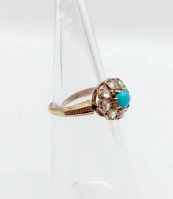 Bague marguerite victorienne or jaune 18k cabochon de turquoise et diamants taille roses (circa 1900) antique