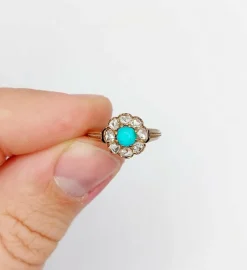 Bague marguerite victorienne or jaune 18k cabochon de turquoise et diamants taille roses (circa 1900) antique