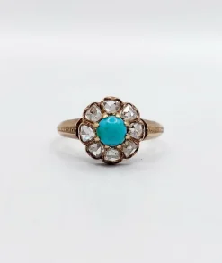 Bague marguerite victorienne or jaune 18k cabochon de turquoise et diamants taille roses (circa 1900) antique