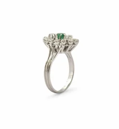 Bague marquise ancienne or blanc diamants, émeraude