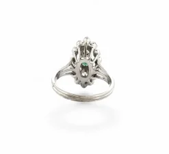 Bague marquise ancienne or blanc diamants, émeraude