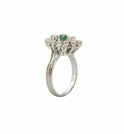 Bague marquise ancienne or blanc diamants, émeraude