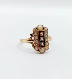 Bague marquise antique or rose 18k diamant taille roses et perles (circa 1900)