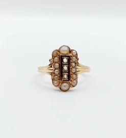 Bague marquise antique or rose 18k diamant taille roses et perles (circa 1900)