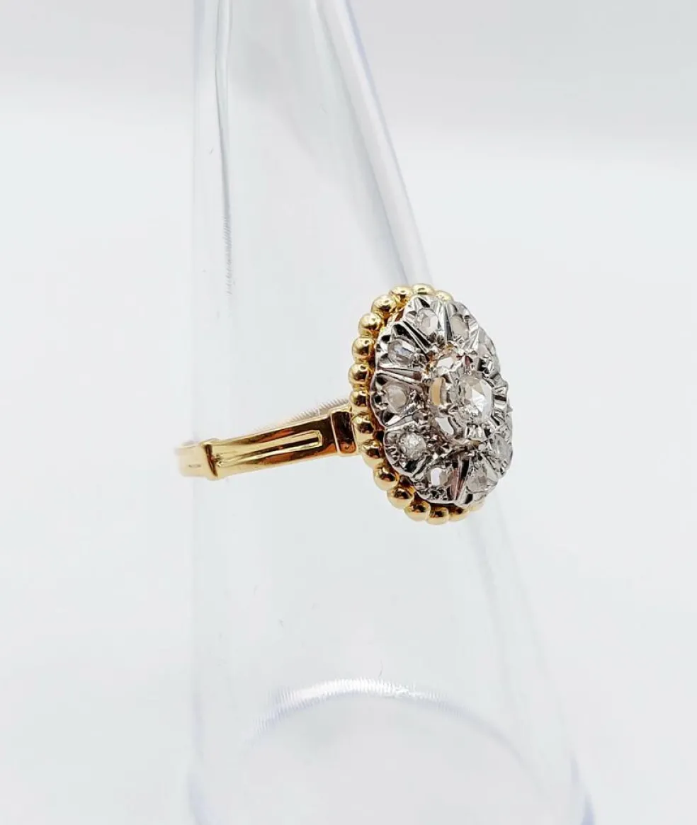Bague marquise antique or jaune diamant taillés en roses