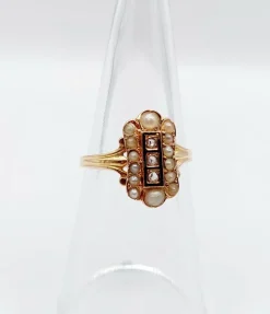 Bague marquise antique or rose 18k diamant taille roses et perles (circa 1900)