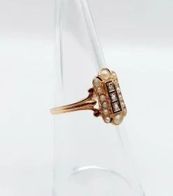 Bague marquise antique or rose 18k diamant taille roses et perles (circa 1900)