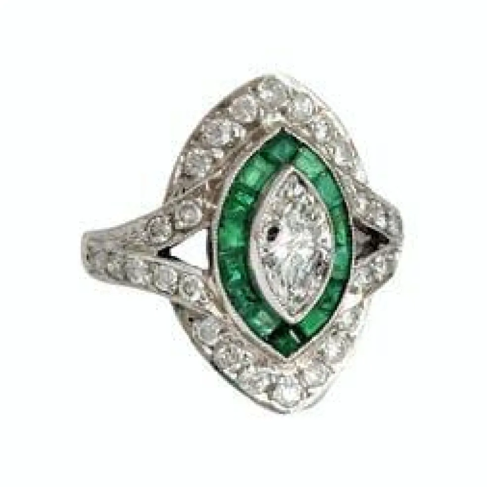Bague marquise Art Déco émeraudes diamants