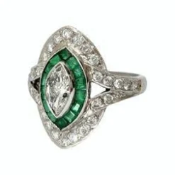 Bague marquise Art Déco émeraudes diamants
