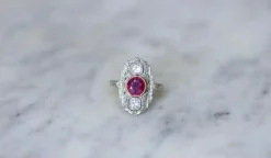 Bague Marquise Art Déco Rubis Birman et Diamants