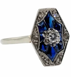 Bague marquise art deco or blanc 18k diamant et sapphires calibrés (circa 1930)