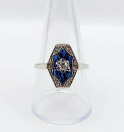 Bague marquise art deco or blanc 18k diamant et sapphires calibrés (circa 1930)