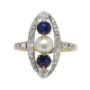 Bague marquise Belle Epoque, diamant, saphirs et perle fine