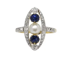 Bague marquise Belle Epoque, diamant, saphirs et perle fine