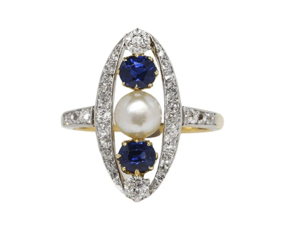 Bague marquise Belle Epoque, diamant, saphirs et perle fine