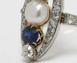Bague marquise Belle Epoque, diamant, saphirs et perle fine