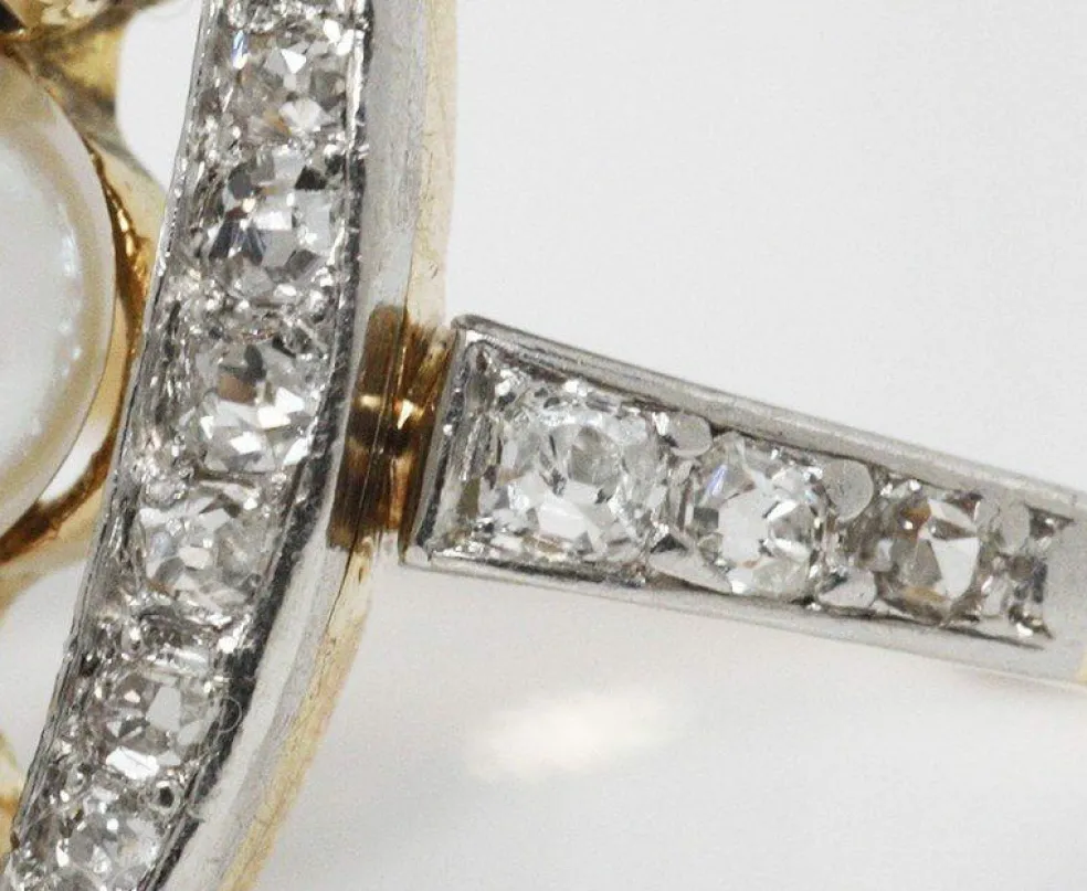 Bague marquise Belle Epoque, diamant, saphirs et perle fine