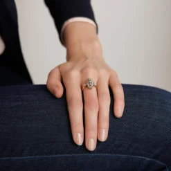 Bague marquise en or jaune, diamants taille rose