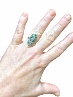 Bague Marquise fin 19ème siècle diamants émeraudes