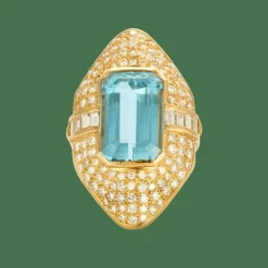 Bague Marquise or jaune aigue marine diamants