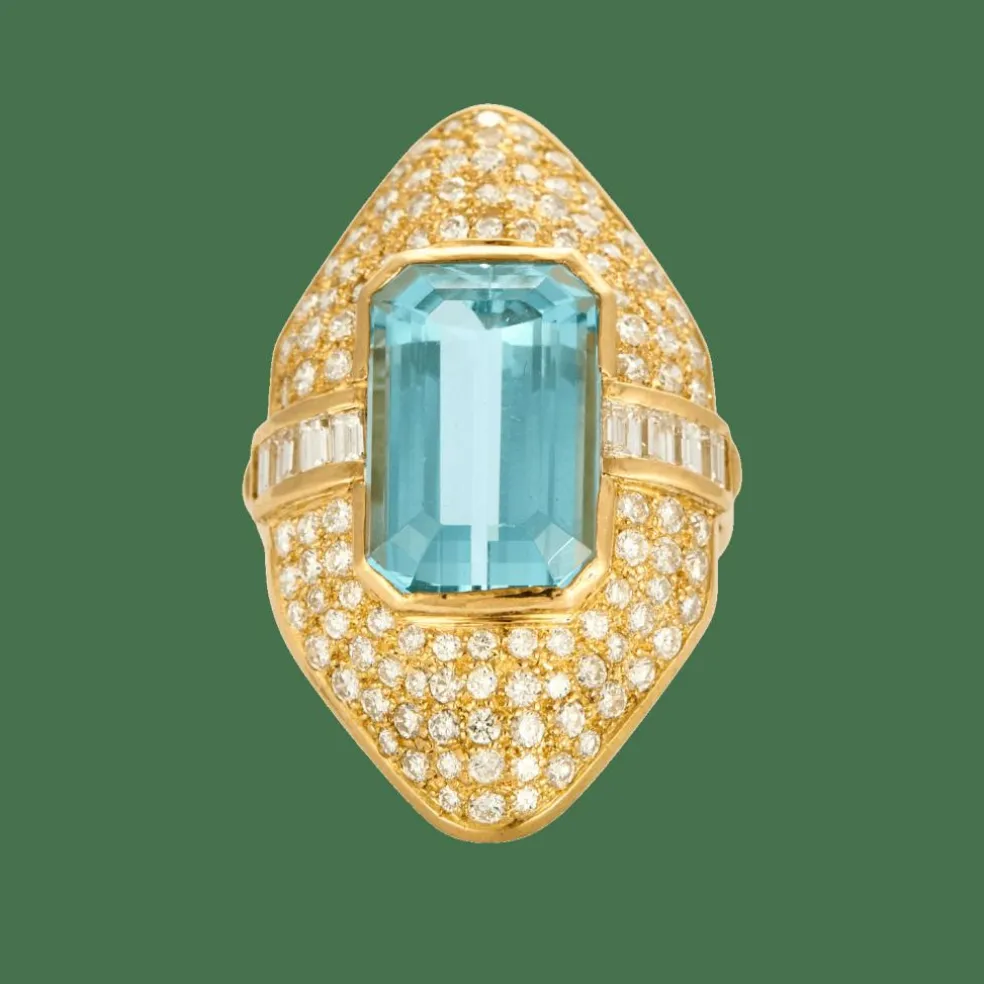 Bague Marquise or jaune aigue marine diamants