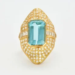 Bague Marquise or jaune aigue marine diamants