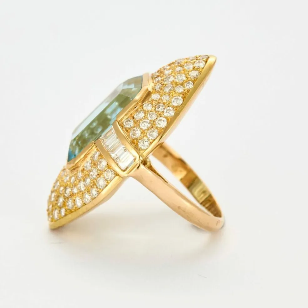 Bague Marquise or jaune aigue marine diamants
